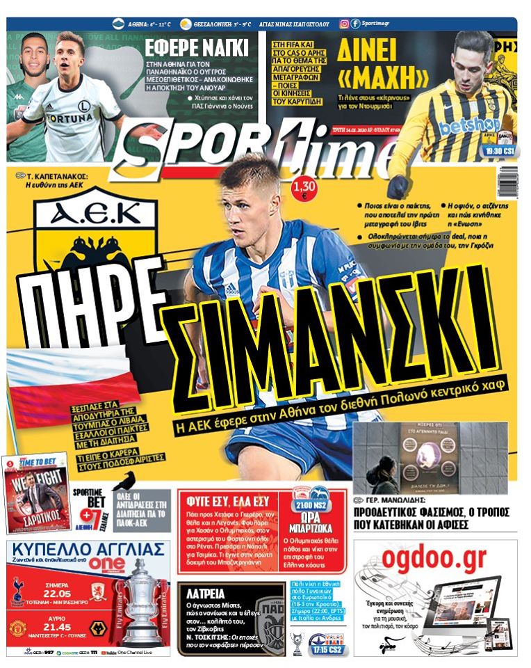 Πρωτοσέλιδο εφημερίδας Sportime