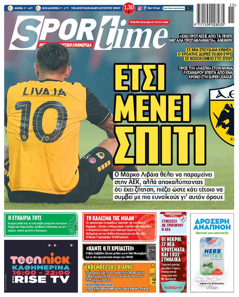 Πρωτοσέλιδο εφημερίδας Sportime