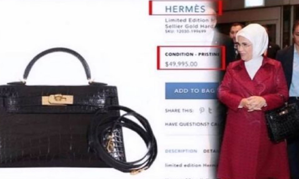Η Εμινέ Ερντογάν είχε κρατήσει την συγκεκριμένη τσάντα σε ταξίδι της στο Ηνωμένο Βασίλειο αλλα και κατά την επίσκεψη του Τούρκου Προέδρου στις ΗΠΑ.