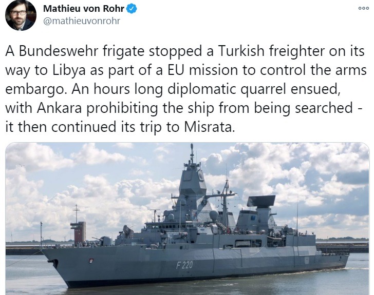 Τουρκία: Μία ώρα κράτησε ο έλεγχος των Γερμανών κομάντος σε πλοίο ανοιχτά της Λιβύης στο πλαίσιο της επιχείρησης «Ειρήνη», μετά πήρε τηλέφωνο η Μέρκελ. 