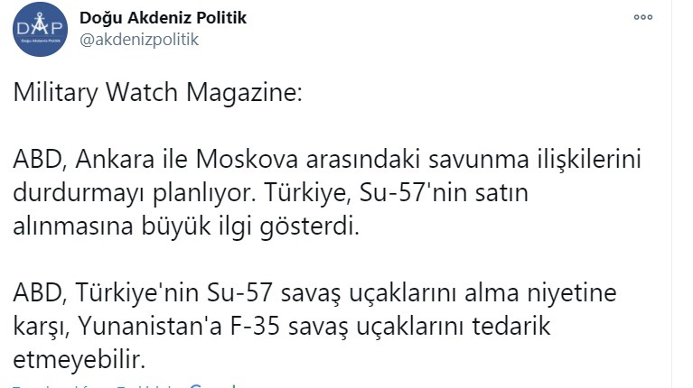 Eλληνοτουρκικά: Αίσθηση έχει προκαλέσει στην Τουρκία η αποκάλυψη πως οι Αμερικανοί δεν θα προμηθεύσουν F-35 στην Ελλάδα για να μην αναπτήσει η Άγκυρα με τα ρωσικά Su-57.
