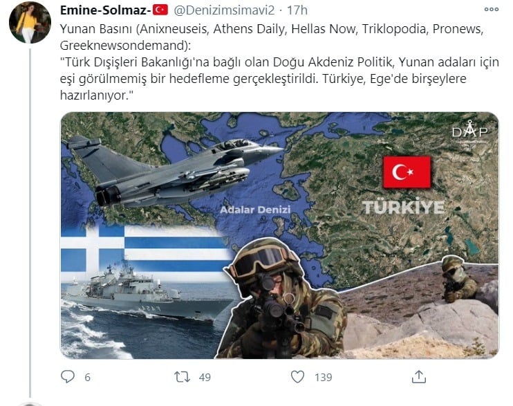 Τούρκοι: Δημοσιεύματα από την Ελλάδα αναπαράγονται σε τουρκικούς λογαριασμούς στο Twitter για την επιχειρησιακή προετοιμασία της Τουρκίας στο Αιγαίο και την Ανατολική Μεσόγειο.