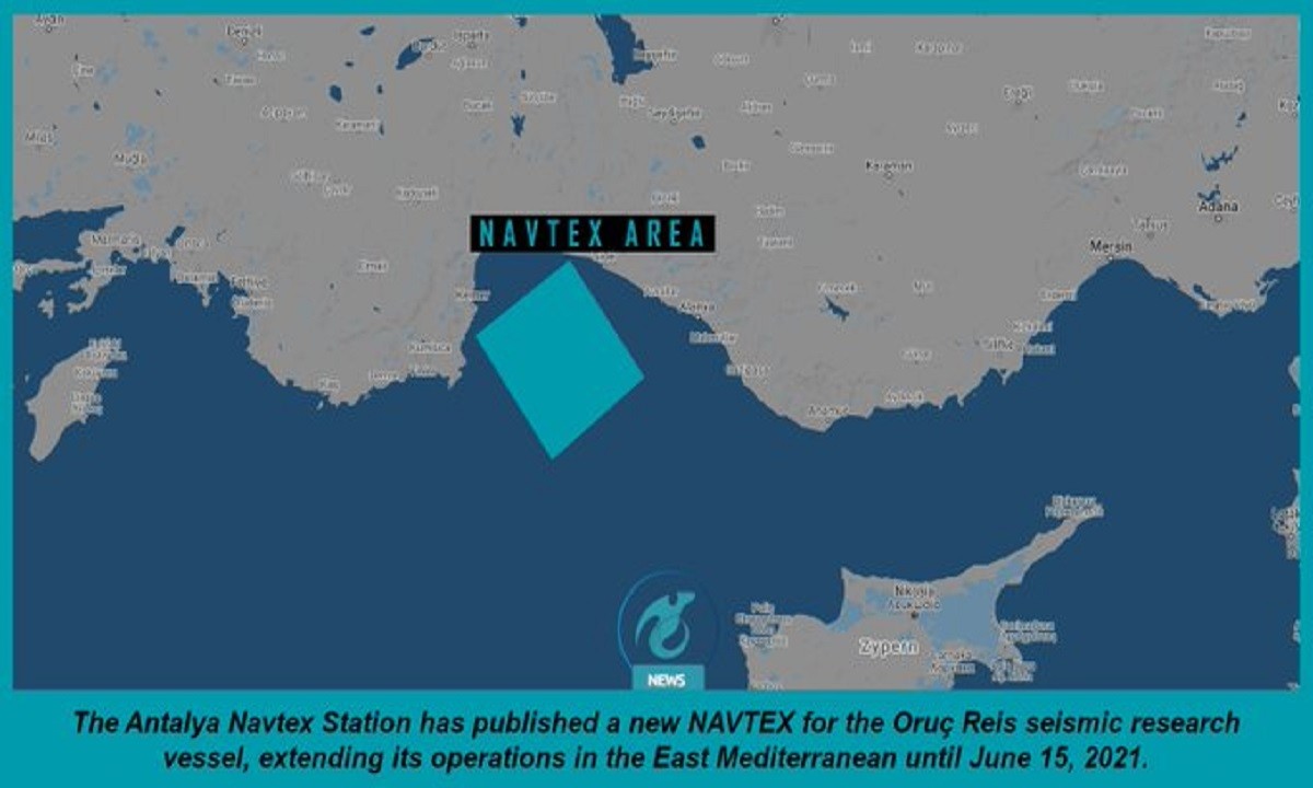 Oruc Reis: Με νέα NAVTEX στην Aνατολική Μεσόγειο έως τις 15 Ιουνίου του 2021