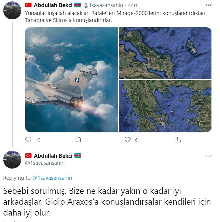 Τούρκοι: Πανηγυρίζουν... μεγάλοι τουρκικοί λογαριασμοί του Twitter για την εγκατάσταση των ελληνικών Rafale και Mirage στην Τανάγρα και την Σκύρο. 