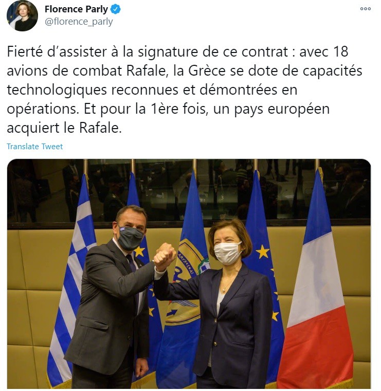 Rafale: Θα μπορούσε κανείς να πει πως η Γαλλίδα υπουργός Άμυνας, με ποστ της στο λογαριασμό της στο Twitter, «τρολάρει» την Τουρκία, μετά την αγορά 18 γαλλικών μαχητικών Rafale από την Αθήνα.