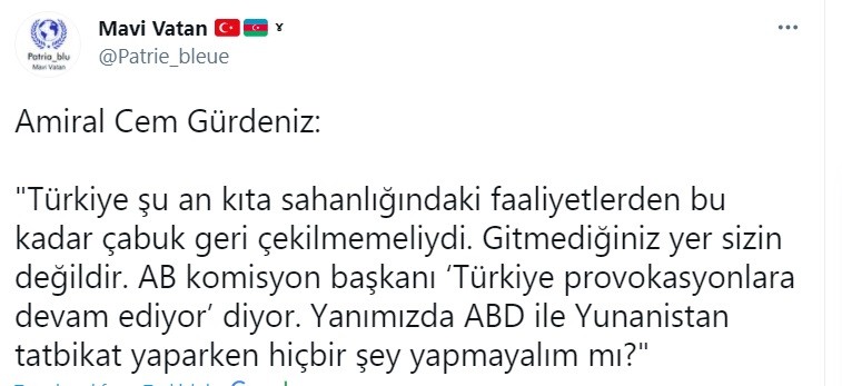 Τούρκοι: Δεν μας αφήνει η Ε.Ε. να κάνουμε ασκήσεις στην Αν. Μεσόγειο, υποστηρίζει ο «πατέρας» της τουρκικής Γαλάζιας Παταρίδας. 