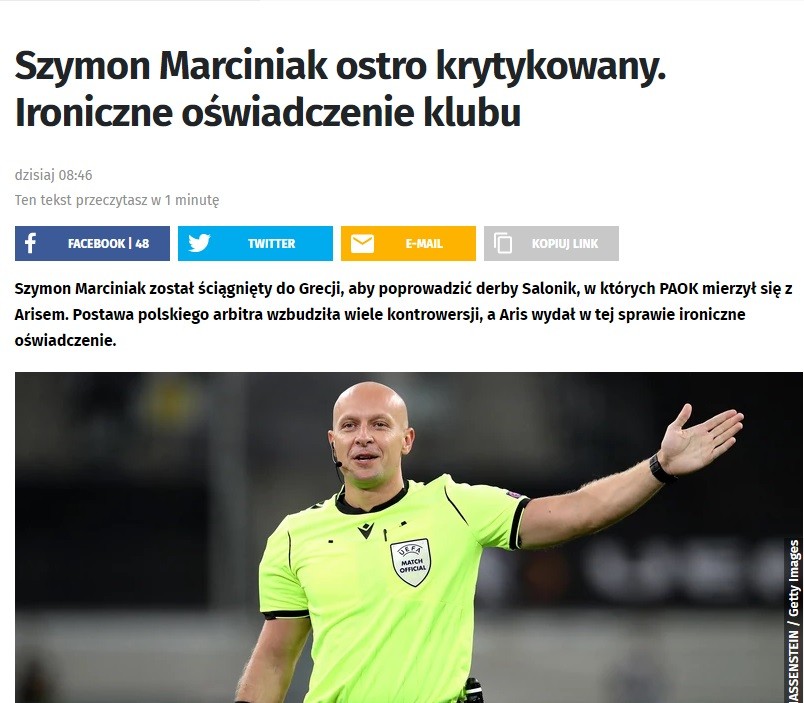 Θέμα στα ΜΜΕ της Πολωνίας έγινε η διαιτησία του Σίμον Μαρτσίνιακ στο ντέρμπι ΠΑΟΚ-Άρης στην Τούμπα, που έληξε ισόπαλο με σκορ 2-2.