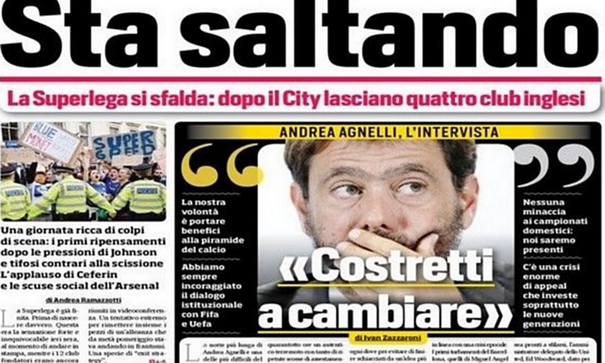 Η European Super League διαλύθηκε σαν «χάρτινος πύργος» το βράδυ της Δευτέρας, ωστόσο ο Αντρέα Ανιέλι είχε προλάβει να δώσει δύο συνεντεύξεις σε κορυφαία ιταλικά Μέσα, οι οποίες δημοσιεύτηκαν σήμερα.