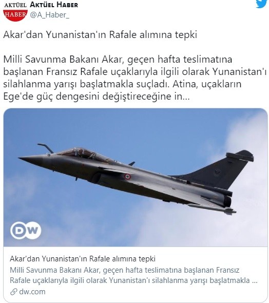 Rafale: Δεν αλλάζει τίποτα με λίγα αεροπλάνα λέει ο Ακάρ, με δηλώσεις του αναφορικά με την αγορά από την Ελλάδα των νέων γαλλικών μαχητικών.