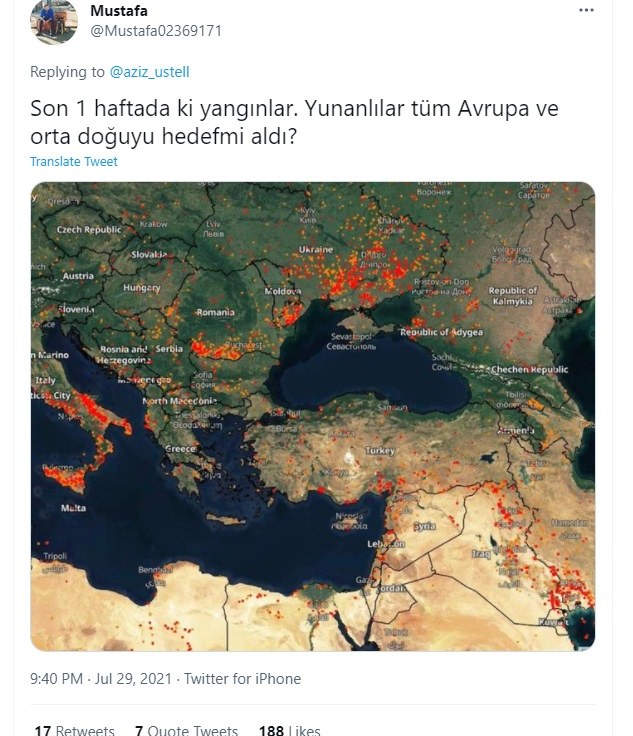Τούρκοι: Οι Κούρδοι βάζουν τις φωτιές κατ' εντολή των Ελλήνων, υποστηρίζει στον λογαριασμό του στο Twitter Αζίζ Ούστελ, παρουσιαστής, μεταφραστής και πρώην διευθυντής της Galatasaray.