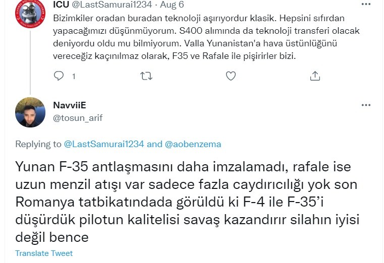 Τούρκοι: Σε άσκηση στην Ρουμανία καταρρίψαμε F-35, δεν θα έχουμε θέμα με τα ελληνικά Rafale υποστηρίζουν χρήστες του διαδικτύου στην Τουρκία. 