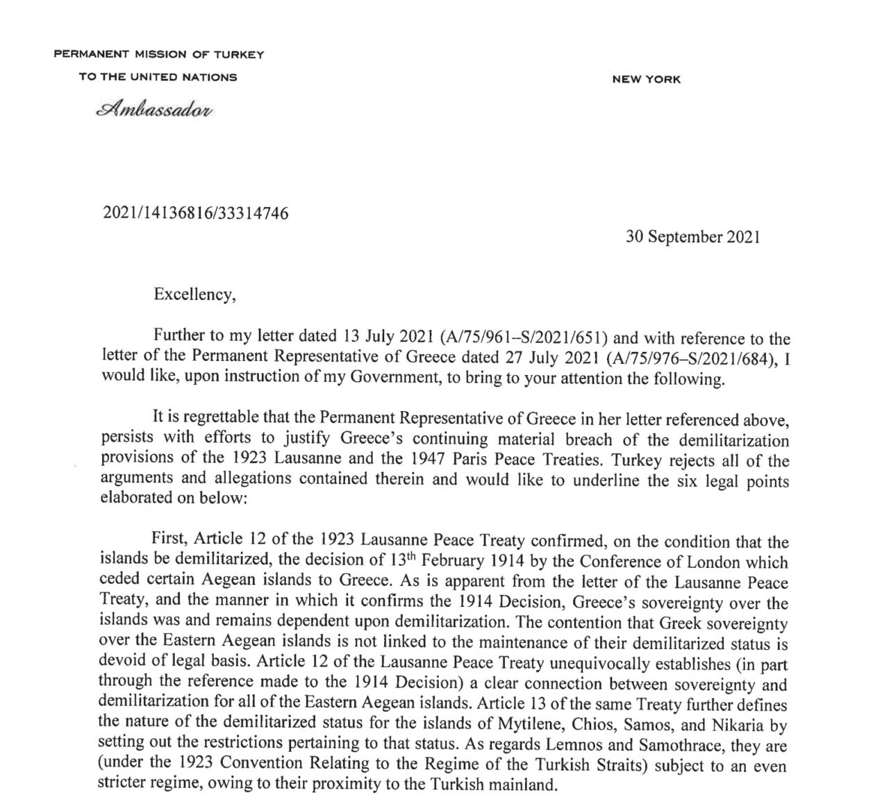 Επιστολή Τουρκίας στον ΟΗΕ!