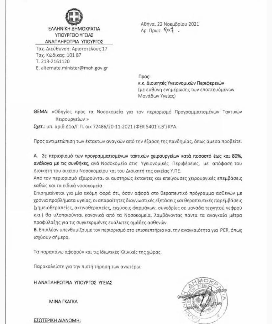 Η εγκύκλιος του υπουργείου Υγείας για πάγωμα στα τακτικά χειρουργεία.