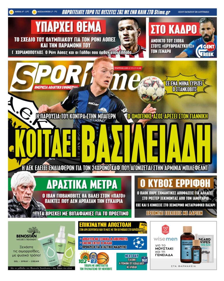 Εξώφυλλο Εφημερίδας Sportime έναν χρόνο πριν - 8/12/2021
