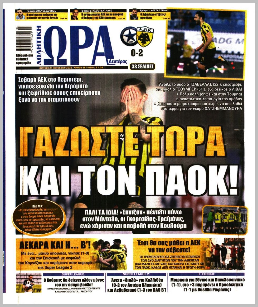 Πρωτοσέλιδα αθλητικών εφημερίδων για τη Δευτέρα 24 Ιανουαρίου 2022. Τι αναφέρουν στη… βιτρίνα τους οι εφημερίδες σε Αθήνα και Θεσσαλονίκη.