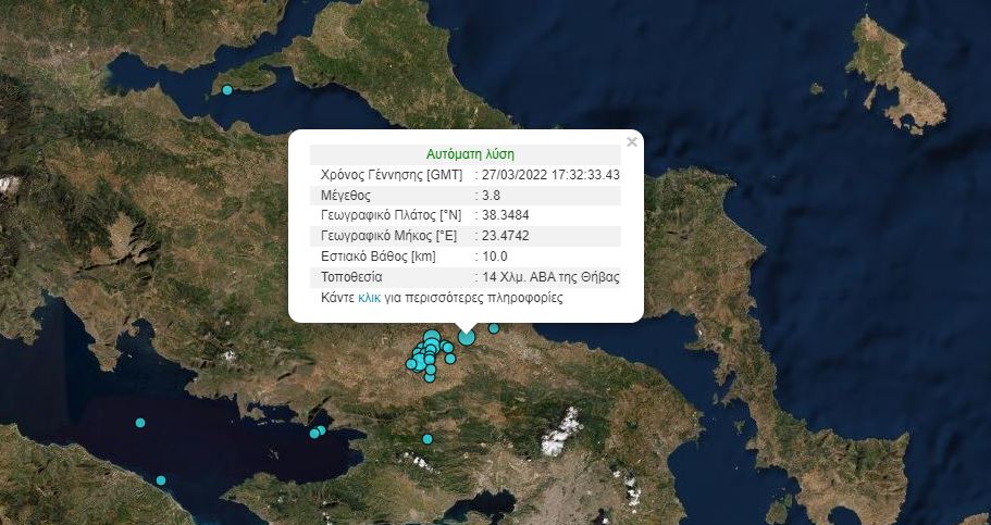 Σεισμός στα βορειοανατολικά της Θήβας σημειώθηκε το βράδυ της Κυριακής (27/3) μεγέθους 3,8 της κλίμακας Ρίχτερ. Αισθητός και στην Αττική.