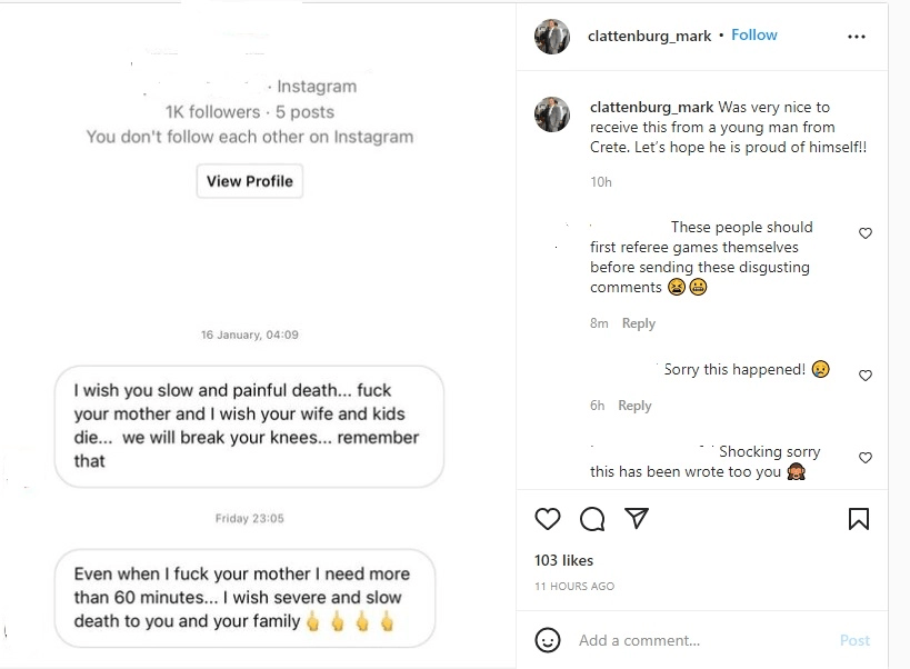 Αδιανόητο μήνυμα σε Κλάτενμπεργκ: Θα σου σπάσουμε τα γόνατα - Εύχομαι αργό θάνατο στην οικογένειά σου