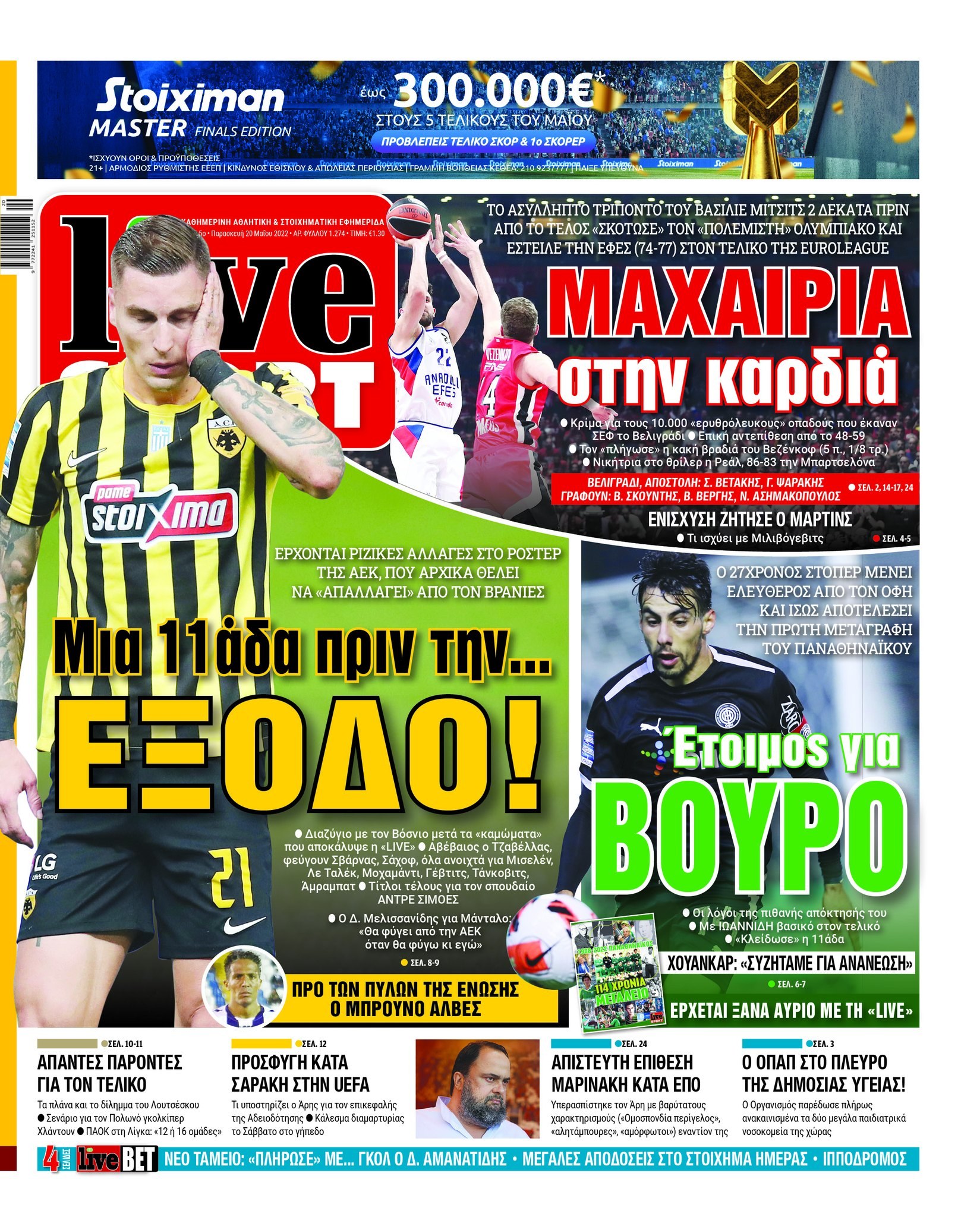 Πρωτοσέλιδα αθλητικών εφημερίδων για την Πέμπτη 20  Μαΐου 2022. Δείτε αναλυτικά τι αναφέρουν στη… βιτρίνα τους οι εφημερίδες.