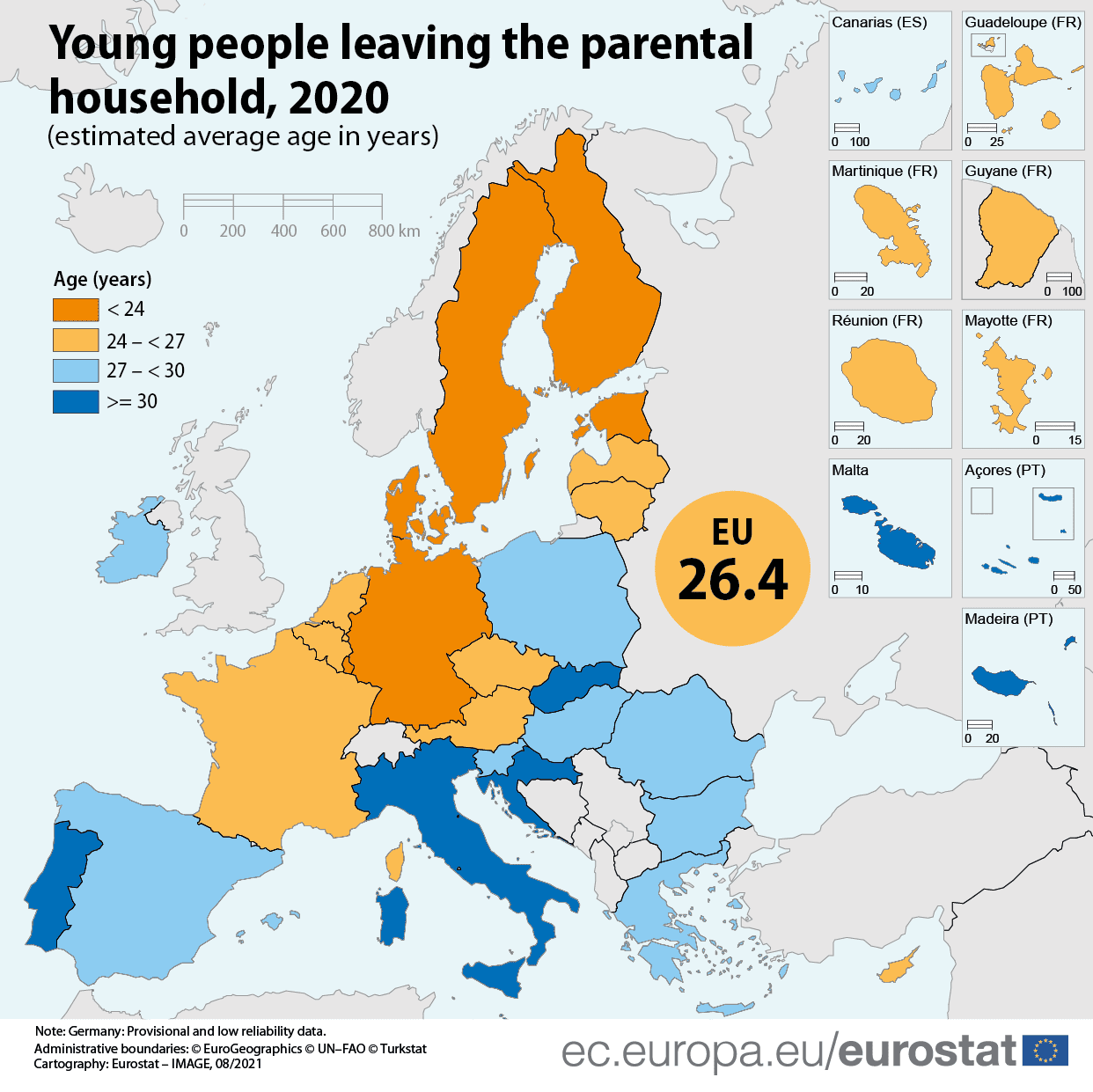 Χάρτης της ΕΥΡΏΠΗΣ - πότε αφήνουν οι νέοι την οικογένειά τους
