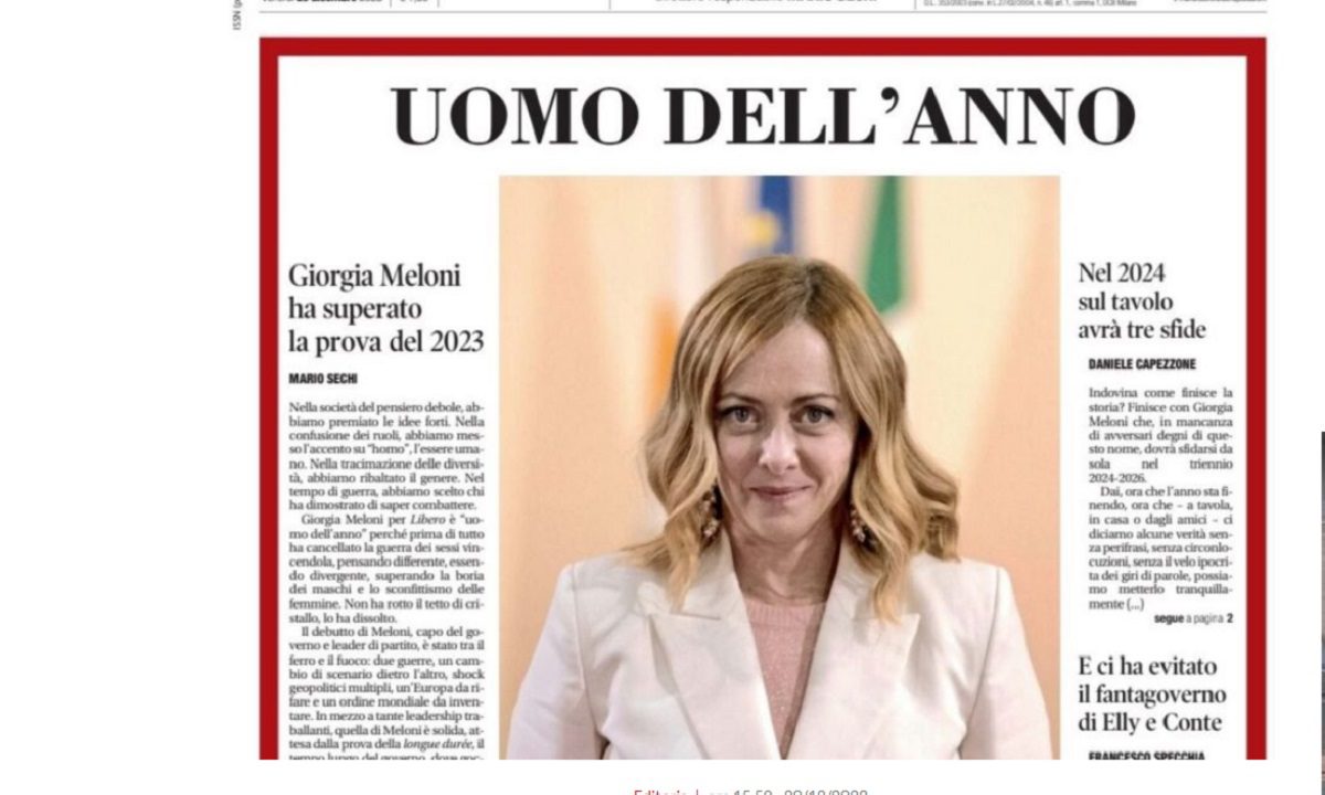 Χαμός στην Ιταλία καθώς η Ιταλίδα πρωθυπουργός, Τζόρτζια Μελόνι κέρδισε το βραβείο «Άνδρας της χρονιάς». Δείτε το δημοσίευμα.