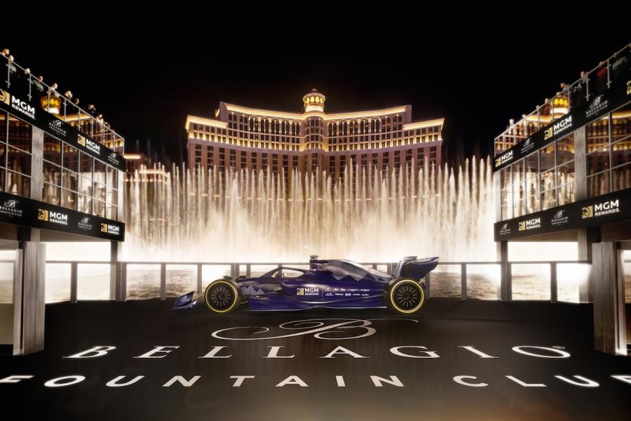 f1-gp-las-vegas-money-kerdise-polla-chrimata-casino-strip-hotels-resort-2023-formula-one-Bellagio-Fountain-Club-Stage-Car
