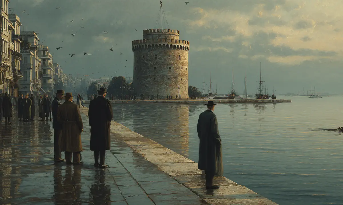 Θεσσαλονίκη 1948 – Σκοτεινή απεικόνιση του Θερμαϊκού με σκιές και ένα σώμα να επιπλέει κοντά στον Λευκό Πύργο — AI-generated