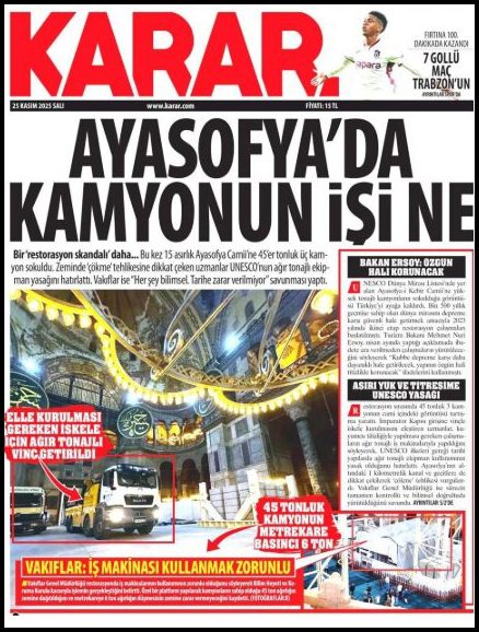 Αγιά Σοφιά: Την ώρα που η Λίνα Μενδώνη... «κοιμάται», ο Τουρκικός τύπος καταγγέλλει την τραγική μεταχείριση του εμβληματικού μνημείου.