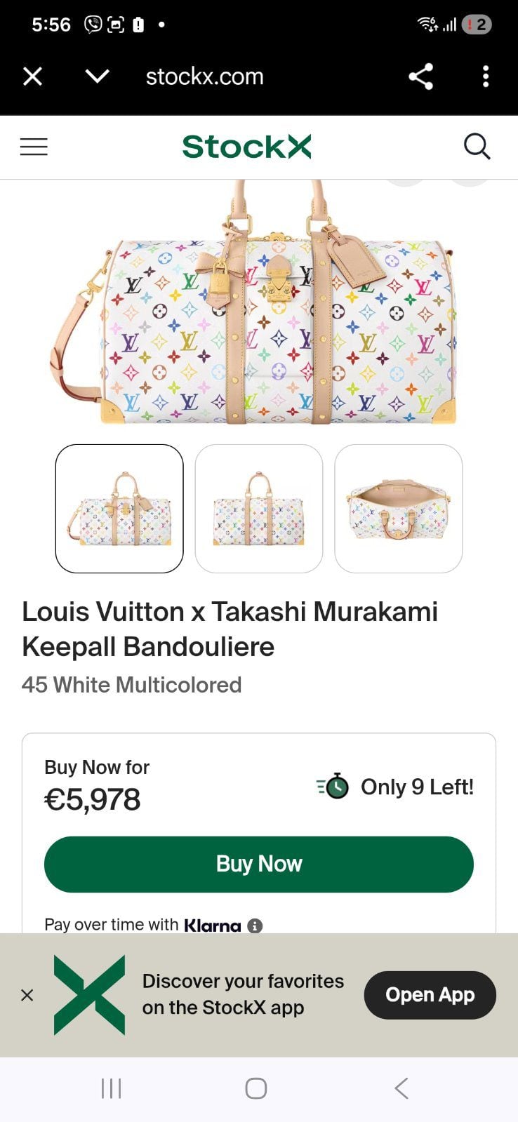 Εμφάνιση της τσάντας Louis Vuitton x Murakami Keepall 45 στο StockX με τιμή 5.978 ευρώ.