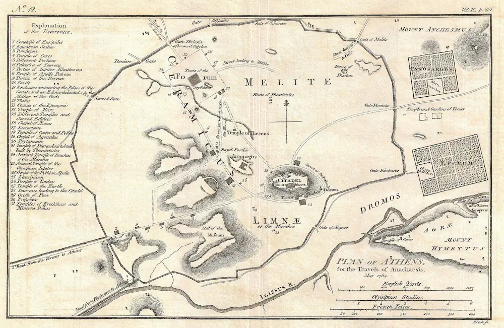 Παλαιός χαλκογραφικός χάρτης της αρχαίας Αθήνας με ένδειξη του Κυνόσαργες στο επάνω δεξί μέρος κοντά στον Ιλισό